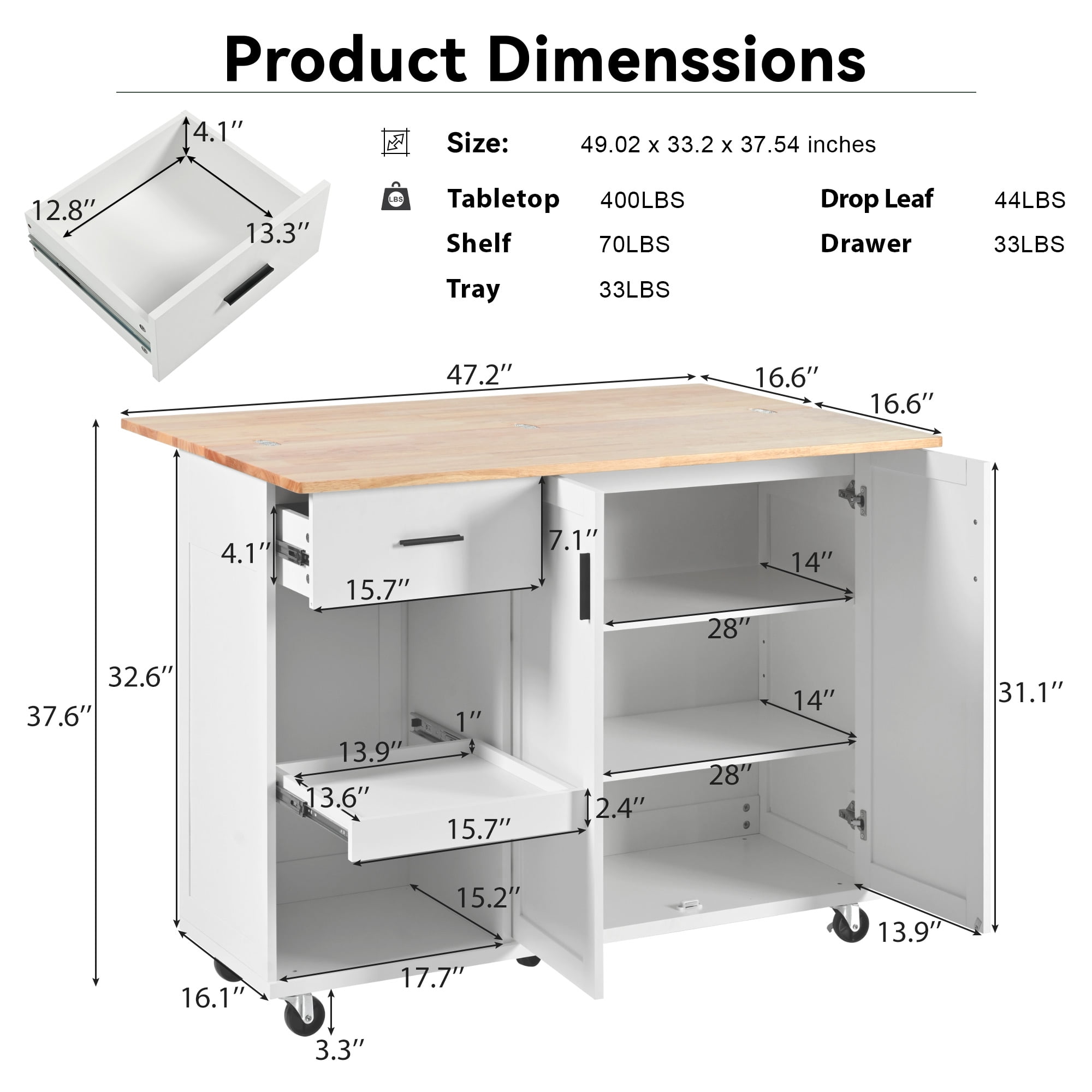 Yoneston Kitchen Island with Foldable Counter Top, Rolling Kitchen Cart with Slide-Out Shelf, Towel Rack and Drawer 2 Doors for Kitchen, Dining Room, White