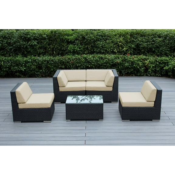 Ohana 5 Piece Outdoor Wicker Patio Furniture Sectional Conversation Set - Black Wicker