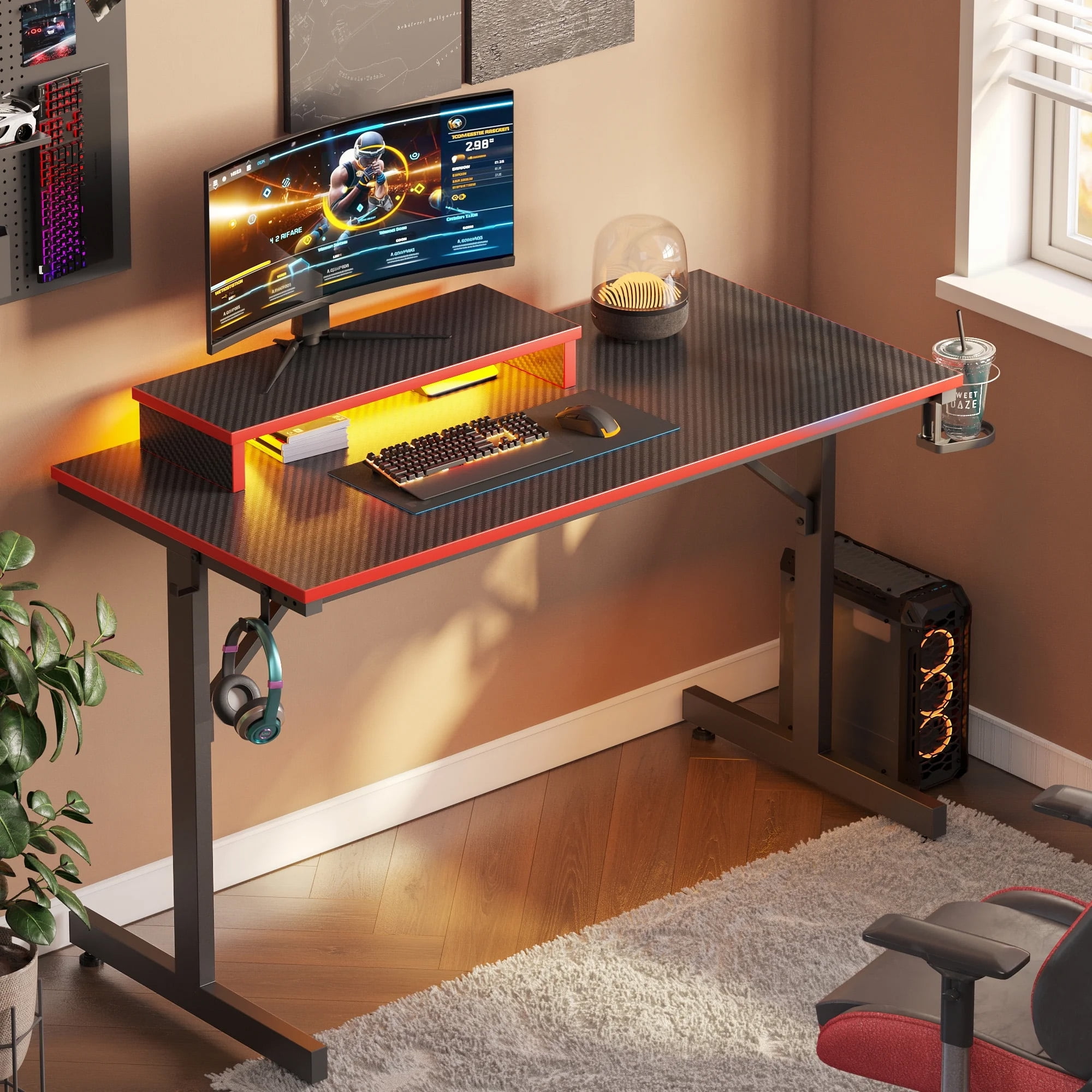 Bestier 42" Gaming Desk PC Computer Office Gamer Table Desk with LED Lights & Monitor Stand in Red