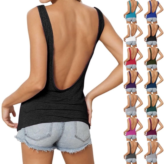 Backless Tank Tops Women Casual Crew Neck Summer 2026 Trendy Workout Shirts Beach Sleeveless Tops Open Back Sexy Top, 2XL