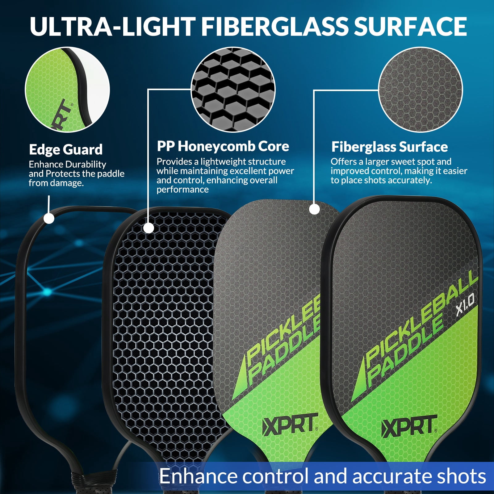 XPRT Pickleball Paddle Set – USAPA Approved Fiberglass Surface, PP Honeycomb Core, Lightweight 7.8 oz, Large Sweet Spot, Includes 2 Paddles, 4 Outdoor Balls, Carry Bag – Tournament Ready Set