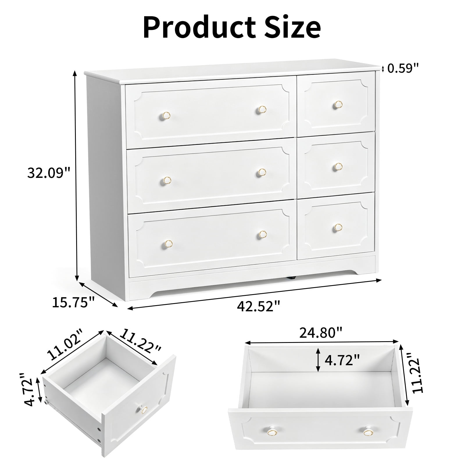 Left 3 Large Drawers + Right 3 Small Drawers MDF Painted Drawer Cabinet, White 42.52*15.75*32.28in