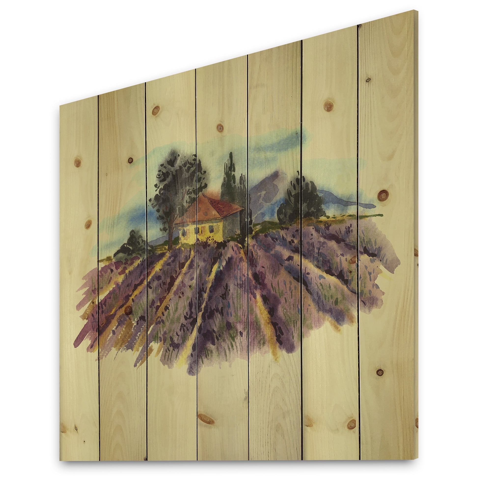 Designart 'Landscape With Blooming Lavender and Village House' Traditional Print on Natural Pine Wood