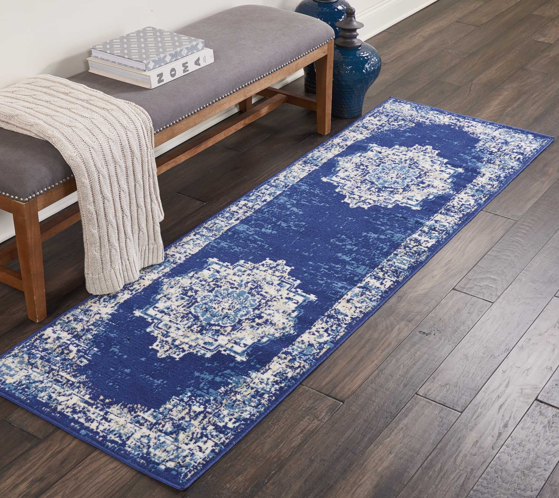 Nourison Grafix Center Medallion Navy Blue Area Rug