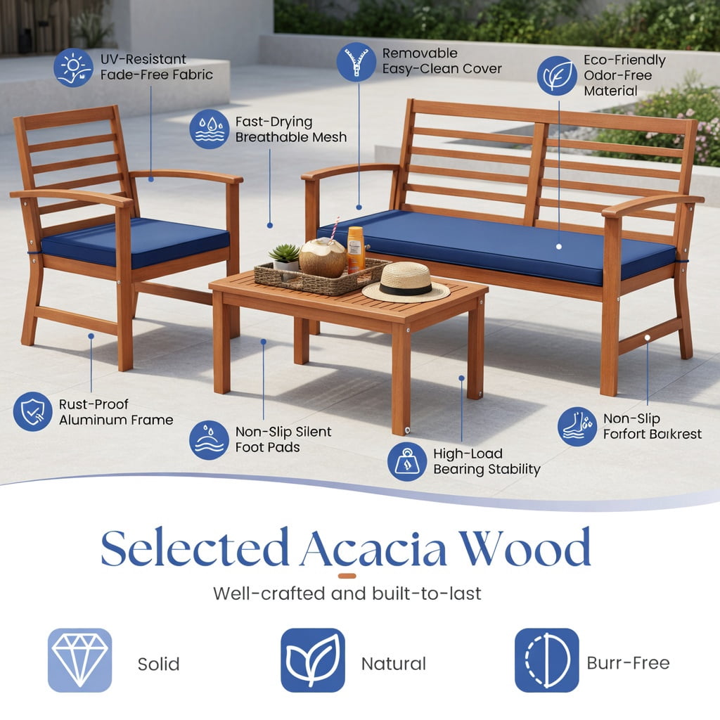 Hommoo 4-Piece Outdoor Patio Furniture Set, Acacia Wood Loveseat, 2 Chairs & Coffee Table with Cushions, Weather-Resistant Backyard Seating, Navy