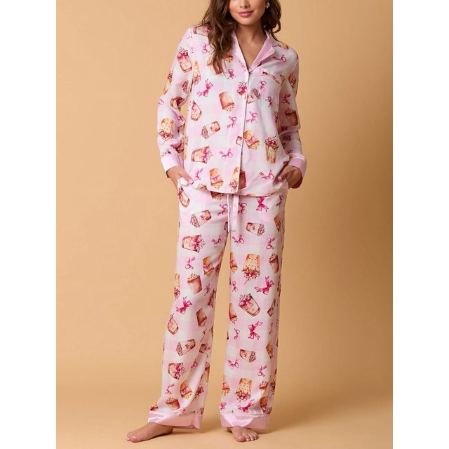 Conjunto de pijama navideño para mujer, con estampado de pasteles, cerezas y copas de cóctel, camisas de manga larga, tops y pantalones, 2 piezas, ropa de estar por casa