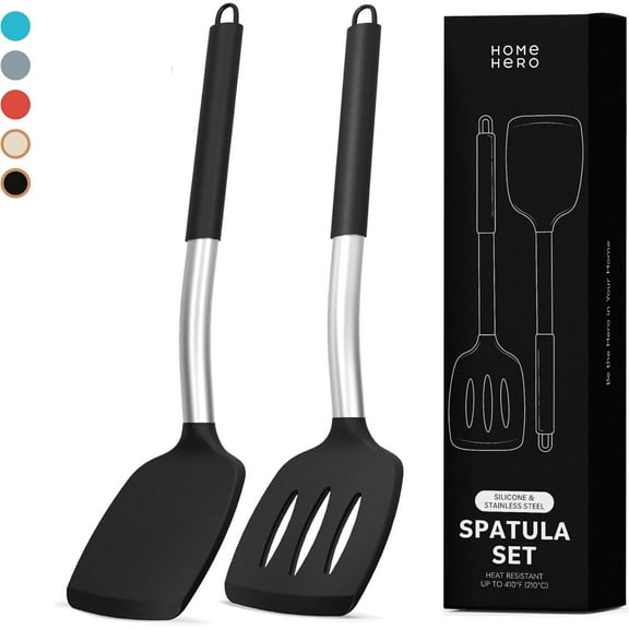 Silicone Spatula Set - Heat Resistant Spatulas for Cooking - Ergonomic Stainless Steel Cooking Utensils - Solid & Slotted Silicone Turners - Pack of 2, Black