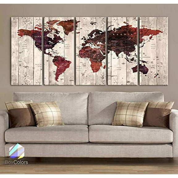 Original by BoxColors Xlarge 30"x 70" 5 Panels 30x14 Ea Art Canvas Print Watercolor Brown Beige Old Map World Push Pin Travel Wall decor (framed 1.5" depth) M1821