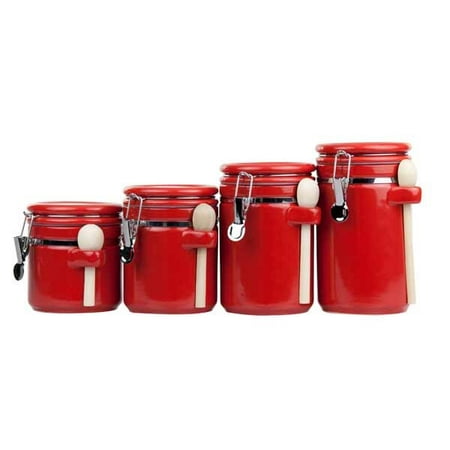 Home Basics Ceramic Canister with Spoon Set (4 Pieces), Red