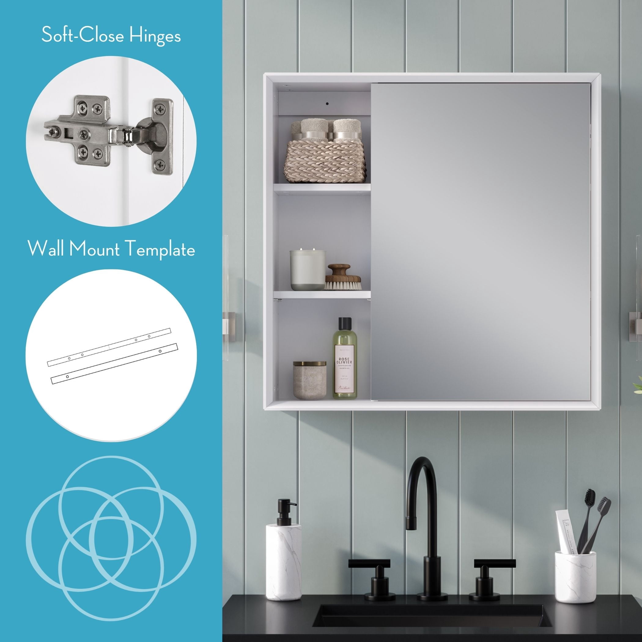 RiverRidge Wall Medicine Cabinet with Side Shelves, Soft-Close Hinges, and Mirror - White