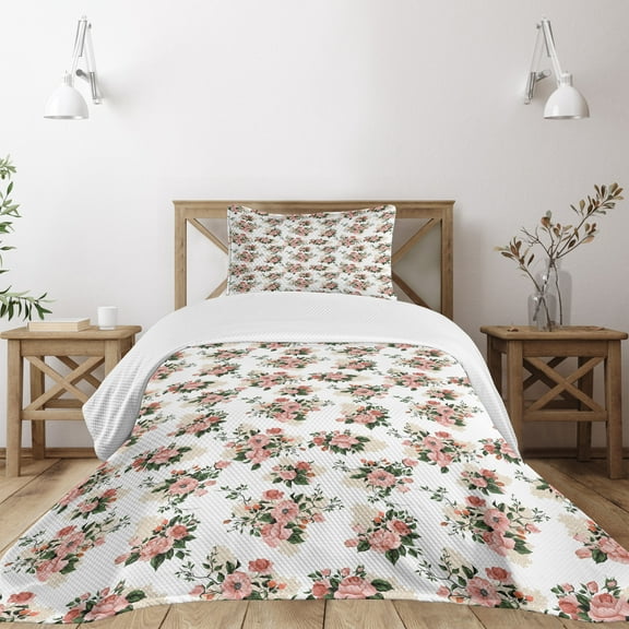 Ambesonne Floral Quilted Bedspread Set 2 Pcs, English Garden Nostalgia, Twin Size, Dried Rose Beige