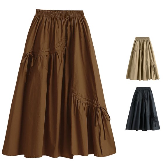 TinyBloomm Women's Solid Color Casual Irregular Lacing Medium Length Large Swing A Line Skirt Skirt Jean Skirt for Women Stretchy, Size One Size