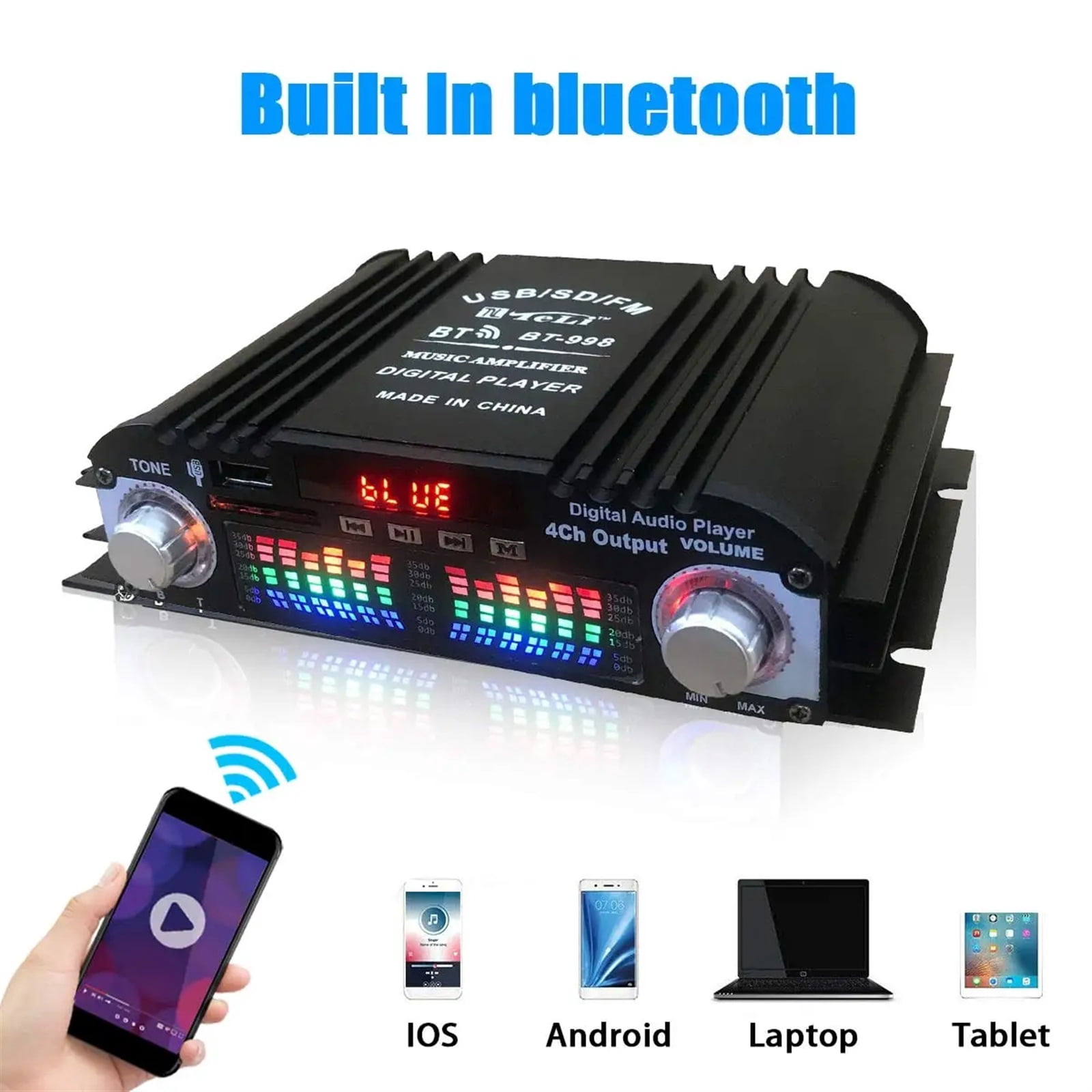 1600W Peak Power HiFi Sound Amplifier Digital 4 Channel Audio Amplifier Player FM Radio Support Remote Control ,Precision Control and Adjustment