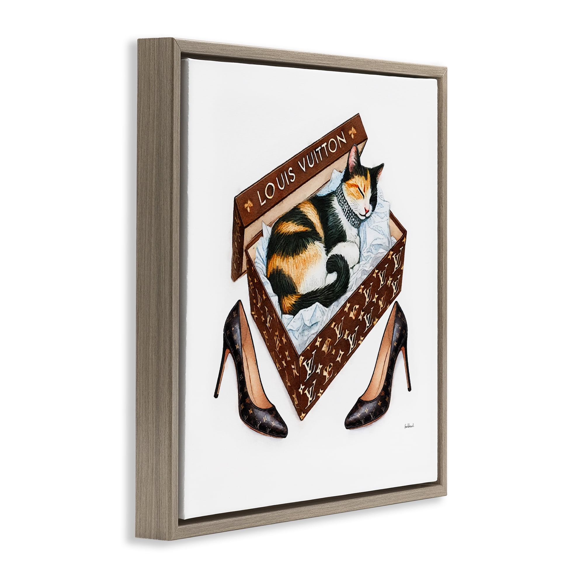 Stupell Industries Kitty Sleeping in Shoebox Animals Painting Brown Floater Framed Canvas Art Print Wall Art, 18 x 18