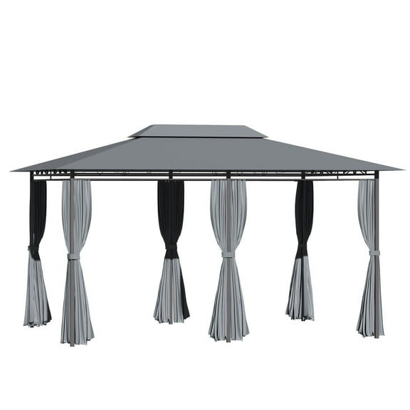 Homiyad 10' x 13' Outdoor Soft Top Gazebo Pergola with Curtains, 2-Tier Steel Frame Gazebo for Patio, Sage Gray