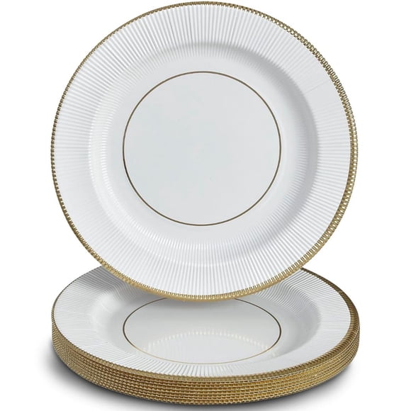 Elegant White/Gold Plastic Charger Paper Plates with Ruffled Rim - 13" (Pack of 18) - Perfect for Anniversary, Wedding, Thanksgiving Celebrations & More