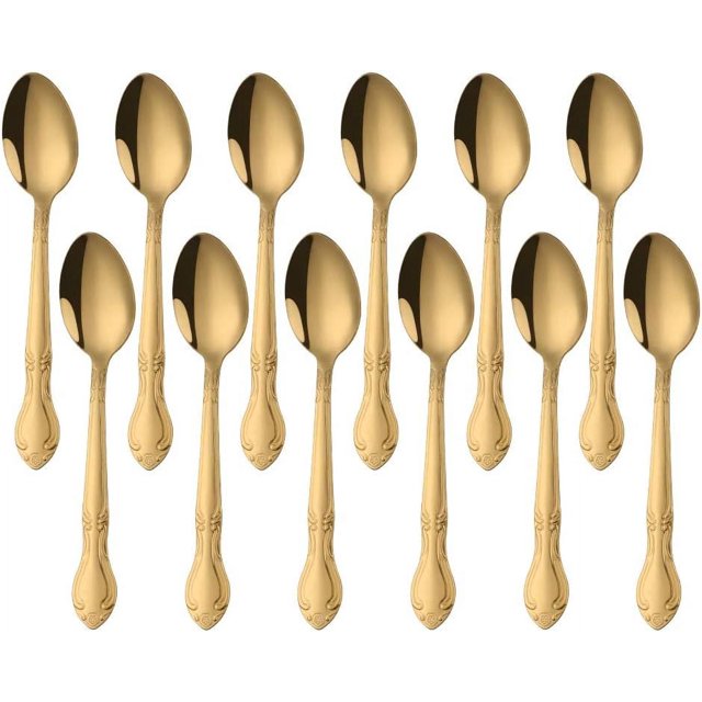 Tea Spoons 12-Piece Stainless Steel Set with Flower Edge Use for Home, Kitchen, Restaurant- 6.4 Inches-Gold