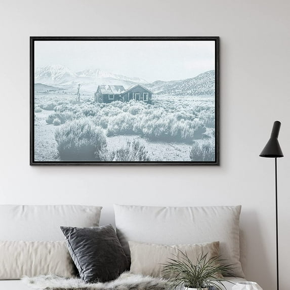 PixonSign Framed Canvas Print Wall Art Desolate Country Cottage Animals Wilderness Illustrations Modern Art Rustic Relax/Calm Blue Duotone for Living Room, Bedroom, Office - 24"x36" Black