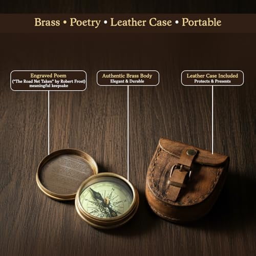 WLIKKS Antiqued Brass Poem Compass with Leather Case