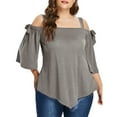thumbnail image 2 of Olyvenn Women's Trendy Plus Size Ruched Blouses Sales Asymmetric Cold Shoulder Shirts Oversized Loose Casual Tunic Blouse 2023 Fashion Summer Halter Sling Short Sleeve Tees Solid Tops Gray 18, 2 of 7