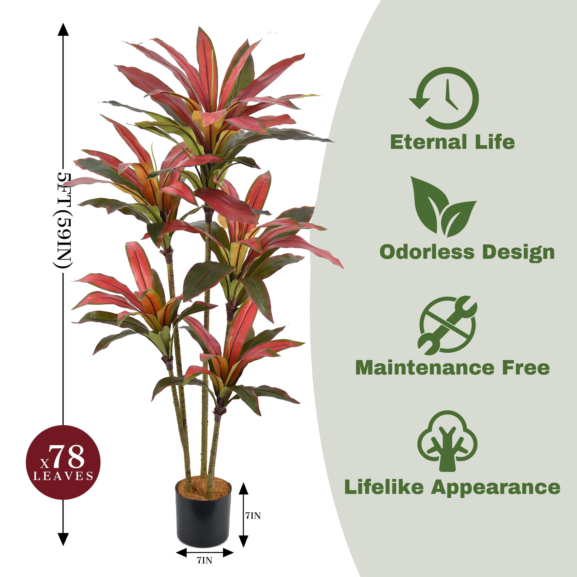 Artificial Dracaena Tree 5ft Tall Large Faux Plants with Realistic Leaves, Fake Tree Floor Plant Dragon Tree for Home Office Indoor Outdoor Decor