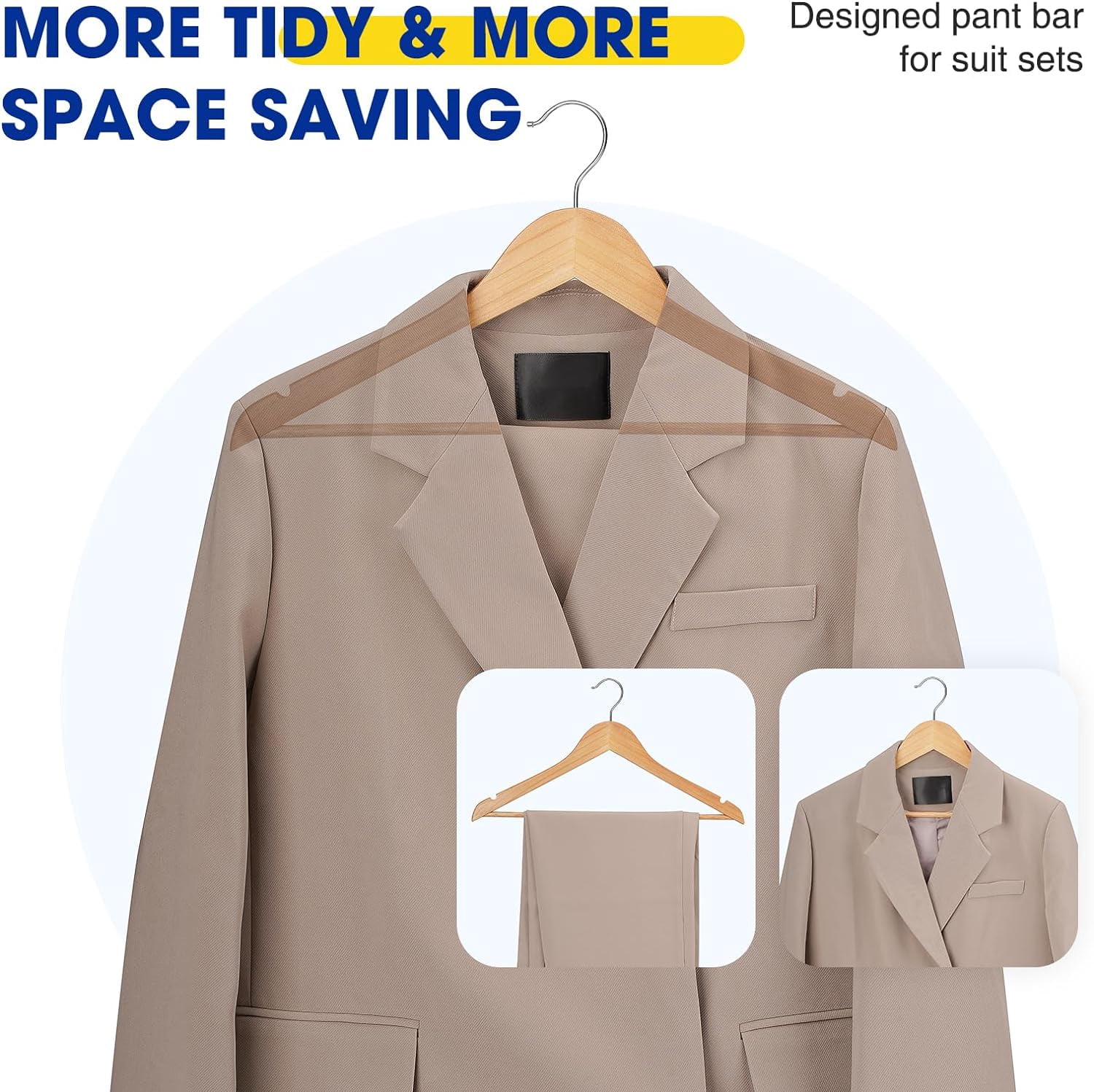 30 Pack Wooden Hangers,Wooden Clothes Hangers with Smooth Pant Bar and Shoulder Notches,Heavy Duty Hangers with 360-Degree Rotatable Hook, Coat Hangers for Coats,Shirts,Dress,Pants,Natural