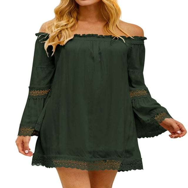 Robe Mini Décontractée à Manches Cloche Élastiques en Dentelle pour Femmes