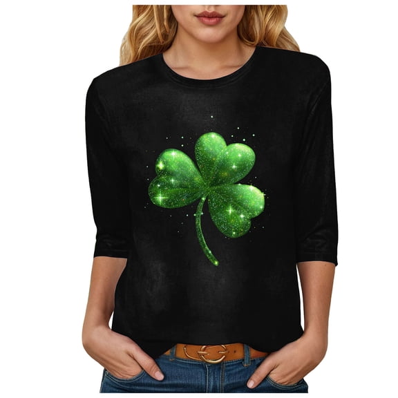 felwors St Patty's Day Shirt Women 2025 Casual Plus Size 3/4 Sleeve Irish Clover Shirts Funny Saint Patrick's Tunic Tops (Black, XL)