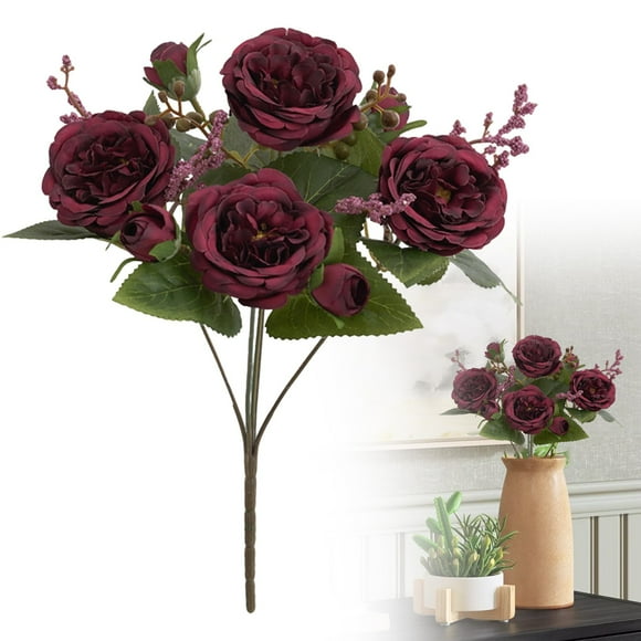 1Pc Fake Peony Flowers with Stems,5 Heads Real Look Silk Peonies Bouquet Bulk for Table Centerpieces Bridal Kitchen Decor,Scarlet