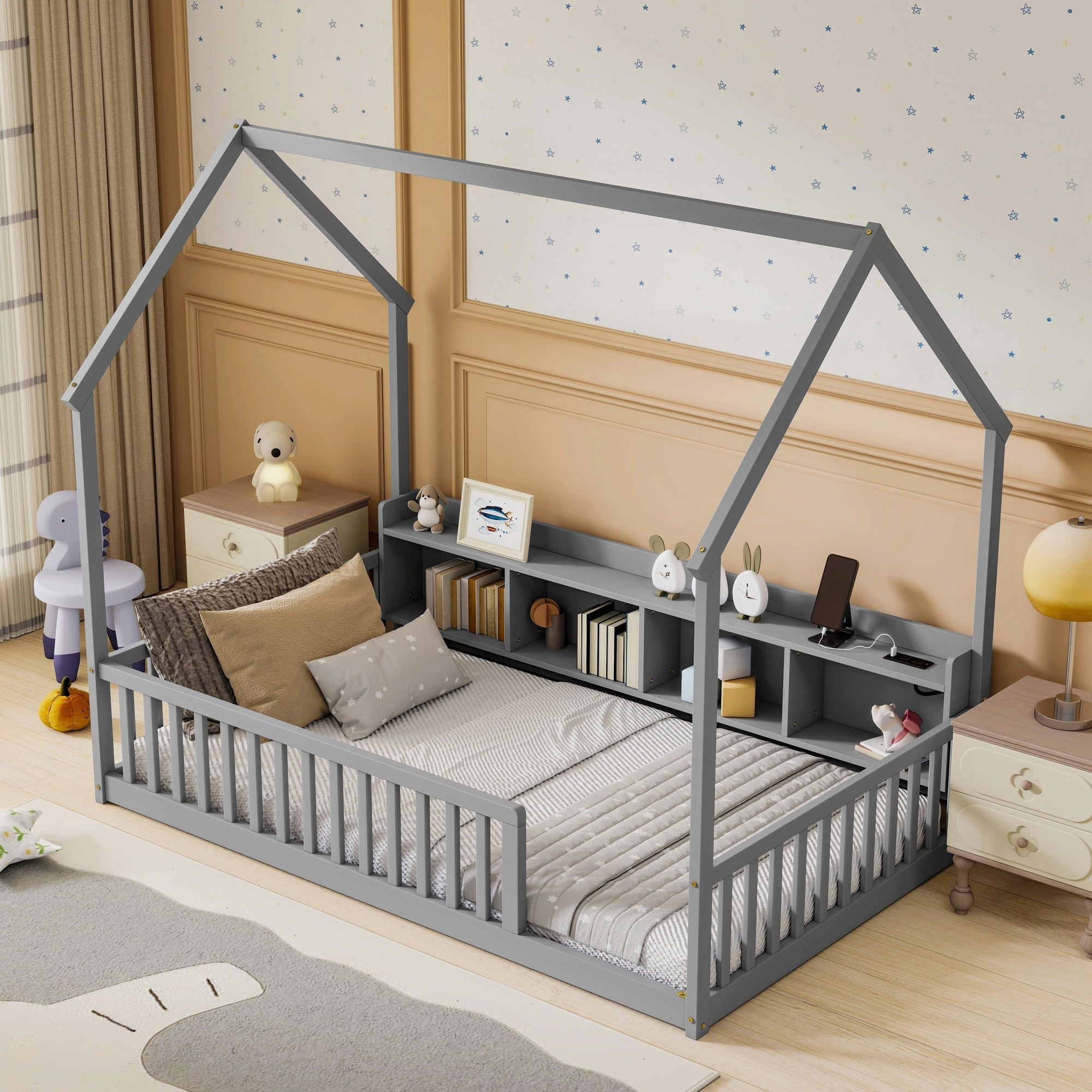 Leumius Twin Size House Floor Bed with Storage Shelves,Built-in LED Lights & Charging Station,Pine Wood Floor Bed Frame with Safety Guardrails for Kids Bedroom Grey
