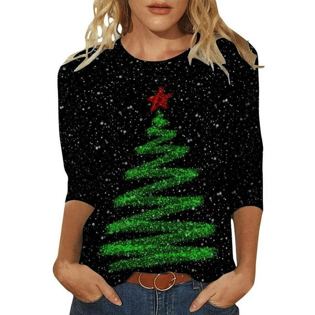 Jindong Chandail à Capuchon pour Femme Automne/hiver Uni à Col Rond Ample à Manches Longues avec Imprimé de Noël