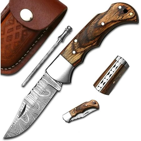 Handmade Damascus Pocket Knife for Men - 6.5 Inches Damascus Folding Knife with Sheath - Pocket Knives and Folding Knives with Back Lock - Best for EDC Camping Fishing and Hiking Brown HA786