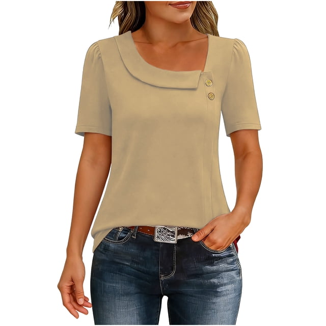 Tops de Mujer Casual Color Sólido Manga Corta Botón, Blusa Elegante para Primavera Verano Diario