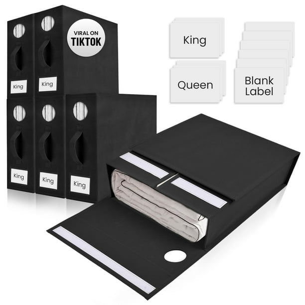 TOSORO Paquete de 6 organizadores y almacenamiento de sábanas, organizador plegable de sábanas para armario de lino con ventana de visualización y etiqueta para sábanas y mantas (tamaño Queen y King),