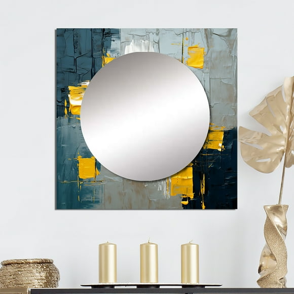 Designart "Exchange With Optimism Abstraction On Vintage Blue" Abstract Painting Square Mirror Wall Decor Modern - Large Blue Square Bathroom Mirror - Square Printed Wall Mirror Art