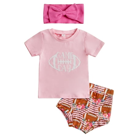 

aturustex Infant Baby Boy Girl Summer Set Letter Crew Neck Short Sleeve T-Shirt Tops Rugby Print Elastic Shorts Headband 3Pcs Outfits