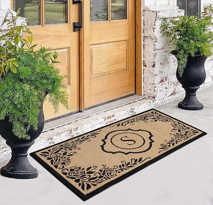 A1HC Natural Coir Monogrammed Floral Door Mat, 36"x72", Durable Anti-Shed Outdoor Door Mat, Heavy-Duty, Low-Profile, Easy to Clean