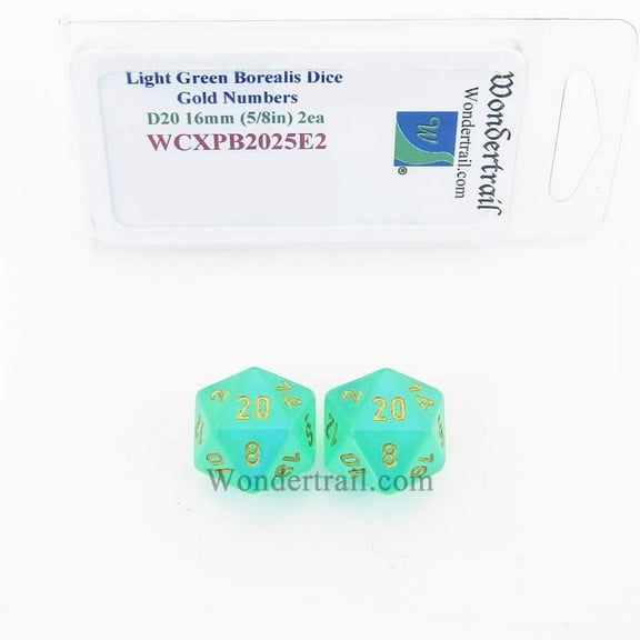 Light Green Borealis Dice with Gold Numbers D20 Aprox 16mm (5/8in) Pack of 2 Wondertrail
