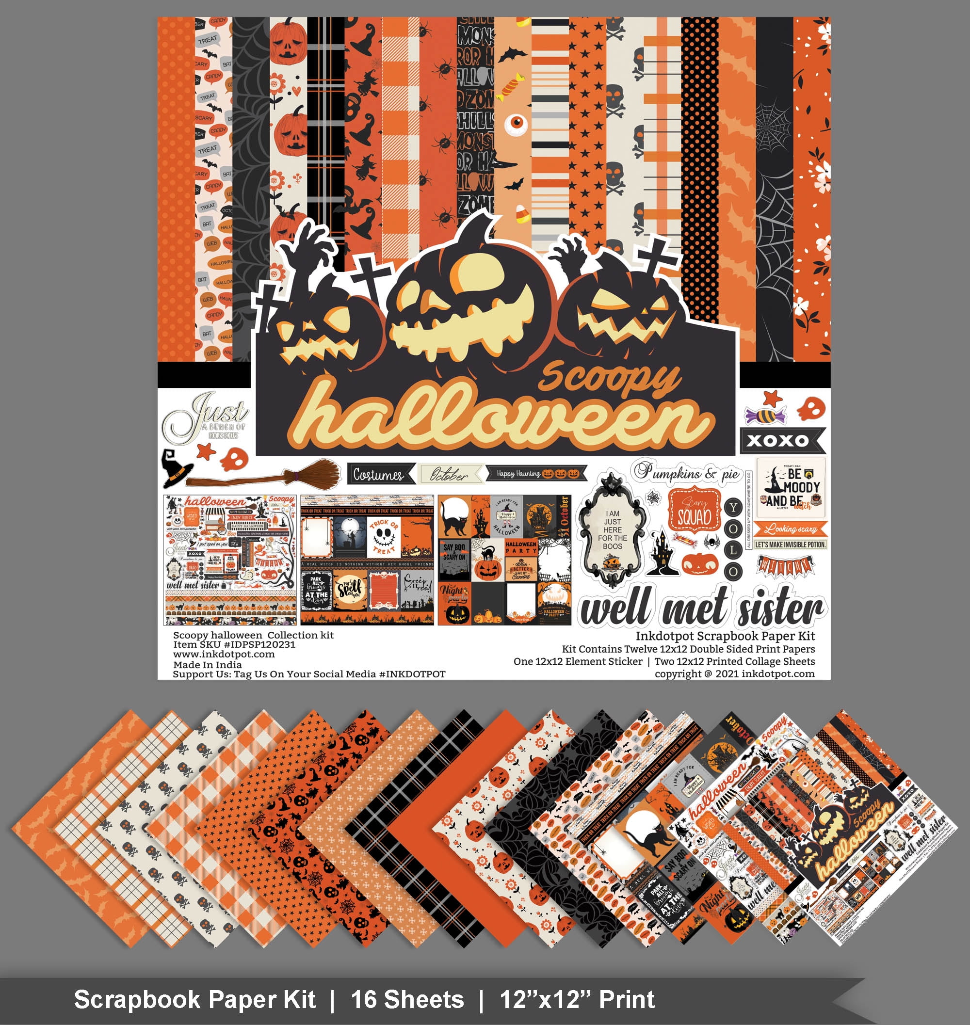 Inkdotpot Black Orange Halloween Theme Collection Double,Sided Scrapbook Paper Kit Cardstock 12"x12" Card Making Paper Pack Of With Sticker Sheet - 16 Pages - Orange & Black