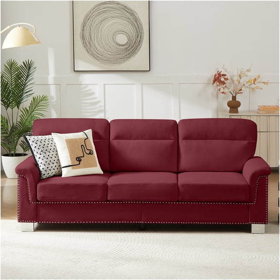 JERFIT 82" Modern Snow Velvet Sofa 3 Seater Couch with Nailhead Trim, Curved Arms for Living Room, Burgundy