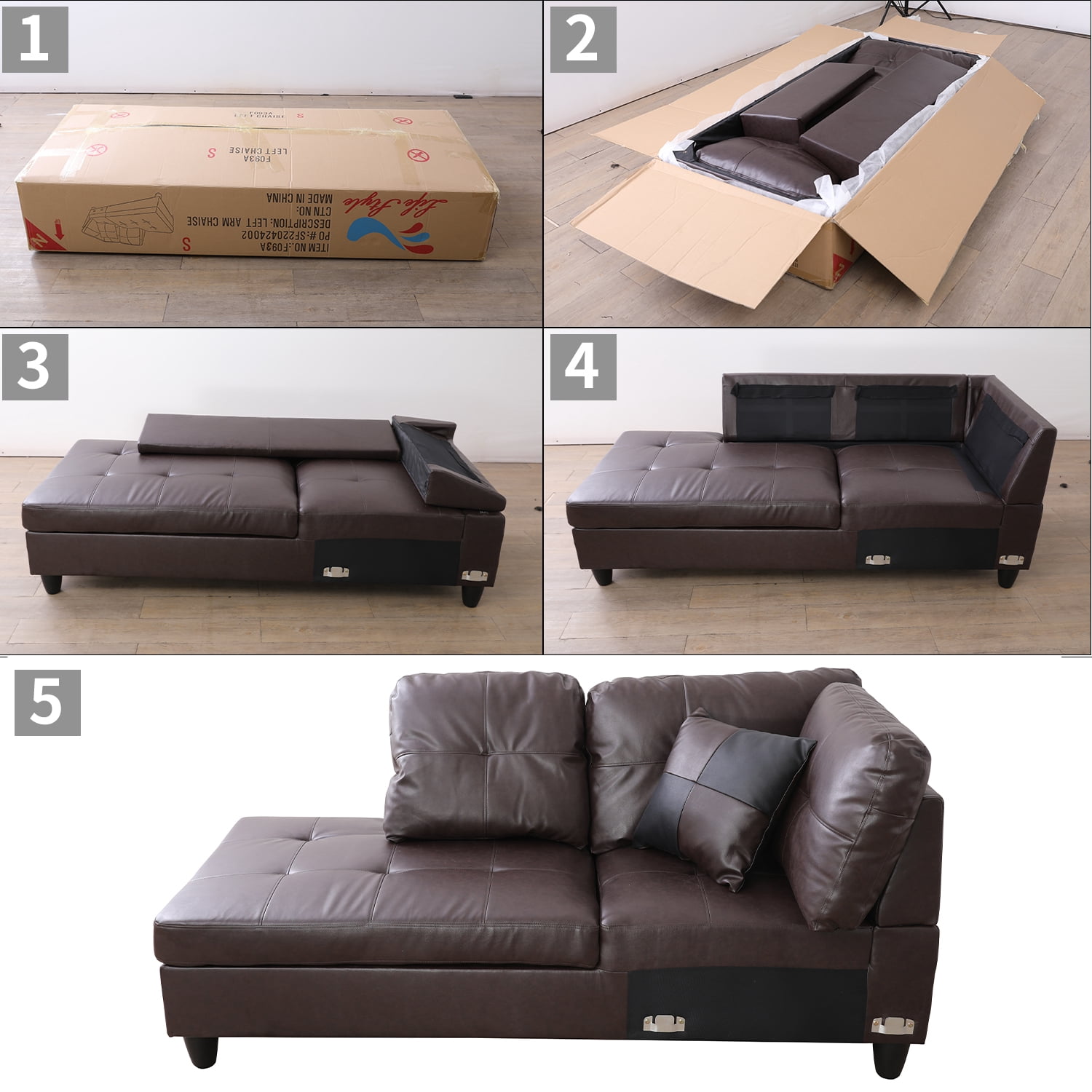 Hommoo Modern Faux Leather Sectional Couch and Sofa Set, L Shaped Sectional Sofa with 17.5" Back Height, Living Room Furniture Sets, Brown(No Ottoman)