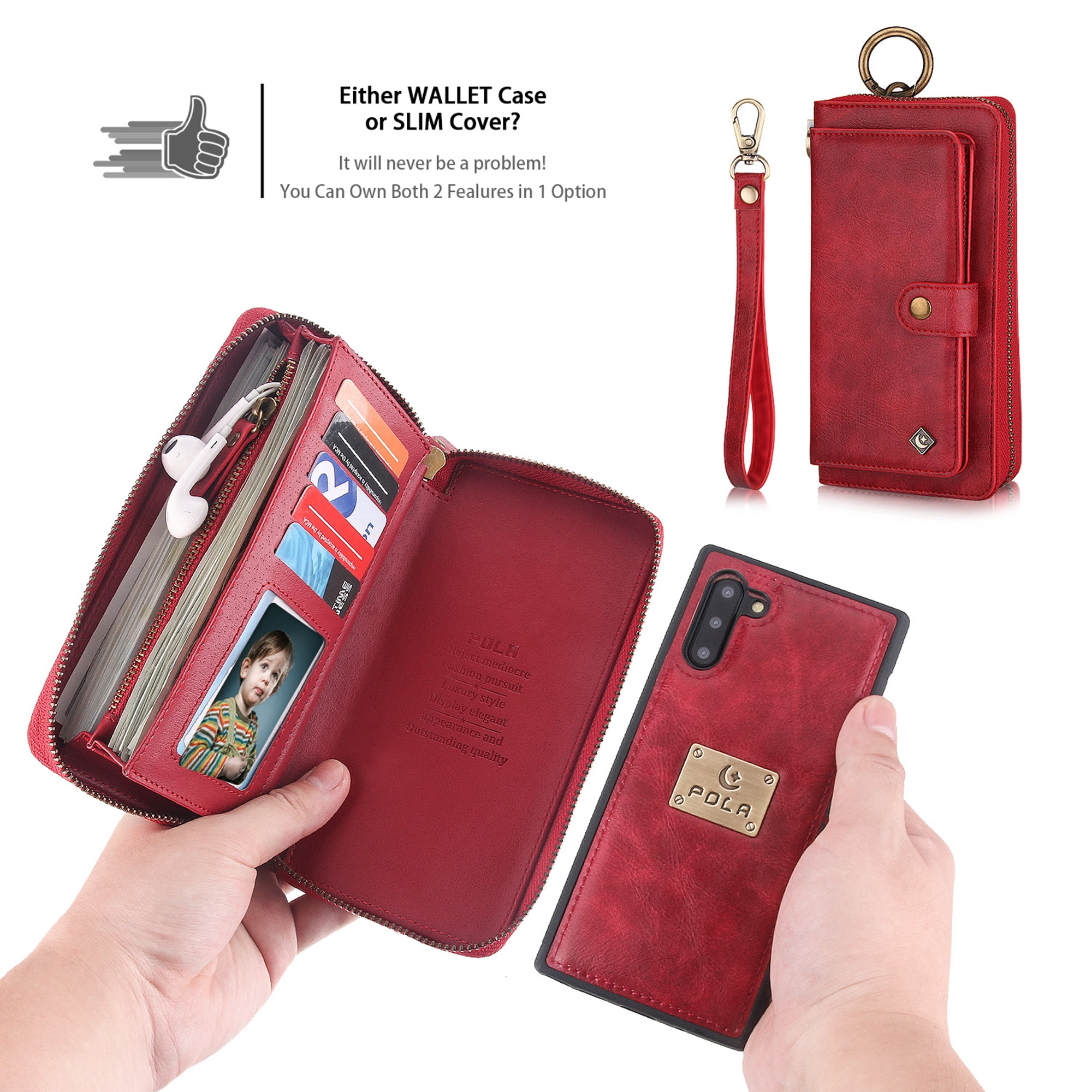 Samsung Galaxy Note 10 6.3 inch Wallet Detachable Case, Dteck Zipper Purse Phone Case Multi-functional Folio Flip Leather Removable Magnetic Back Cover For Samsung Galaxy Note10,Red