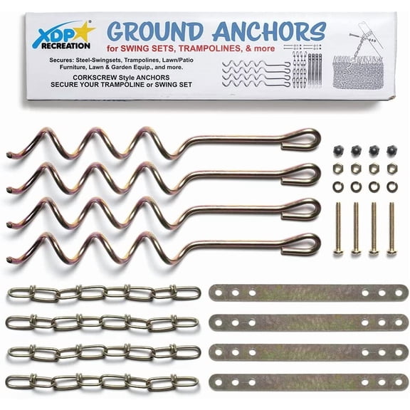 Metal Ground Anchor Kit - 4pcs Auger-Style 12 3/4" ea. All Hardware Included. Easy Assembly, Strong and Durable. for Backyard Swing Sets, Trampolines, Yard Furniture, by a USA Company