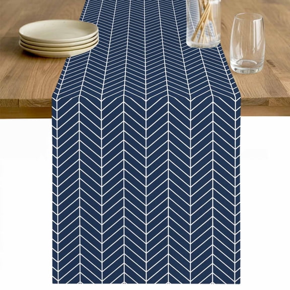Navy Blue Geometric Table Runner - 48 Inch Long Modern Pure Color Abstract Striped Cotton and Linen Blended Dress Scarves Farmhouse Table Runner for Kitchen Dining, Coffee Table, 13" x 48"