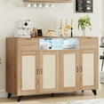 thumbnail image 1 of Sideboard Buffet Cabinet, 4 Rattan Doors 2 Drawers Accent Storage Cabinet, Console Table Coffee Bar w/Power Outlet & LED Light, Adjustable Shelves for Dining Living Room, Hallway, 1 of 7