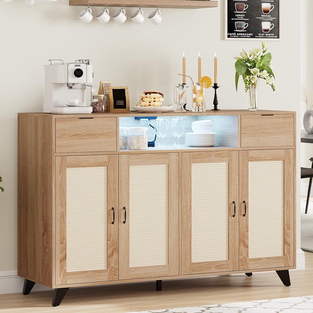 Sideboard Buffet Cabinet, 4 Rattan Doors 2 Drawers Accent Storage Cabinet, Console Table Coffee Bar w/Power Outlet & LED Light, Adjustable Shelves for Dining Living Room, Hallway