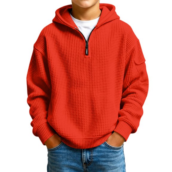 Boys Quarter Zip Hoodie Waffle Knit Pullover Sweatshirt with Kangaroo Pocket Relaxed Casual Fall Hoodies