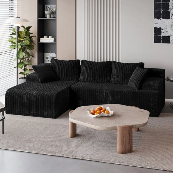 LAUSAINT HOME 96" Boneless Sectional Sofa, L-Shaped Modular Cloud Couch with Deep Seat & Plush Corduroy Fabric (Black, Left Facing Chaise)