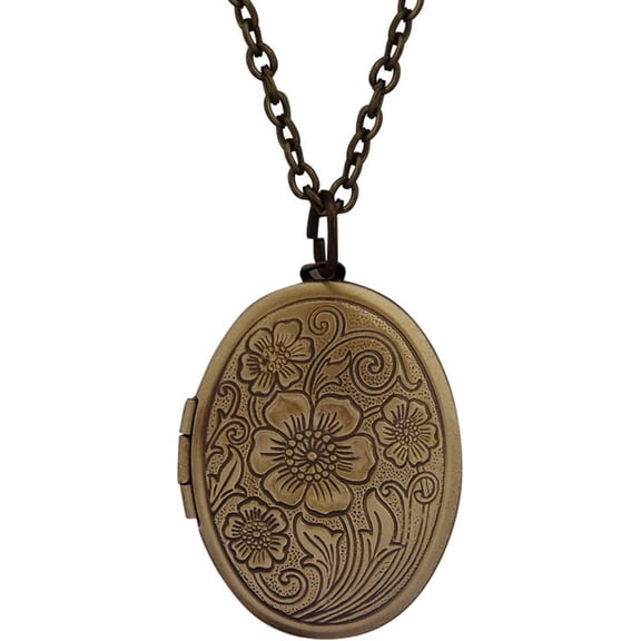 Vintage Engraved Flower Empaistic Photo Locket Hold Picture Oval Round Pendant Necklace Antique Carved Pattern Souvenir Memorial Clavicle Jewelry for Women