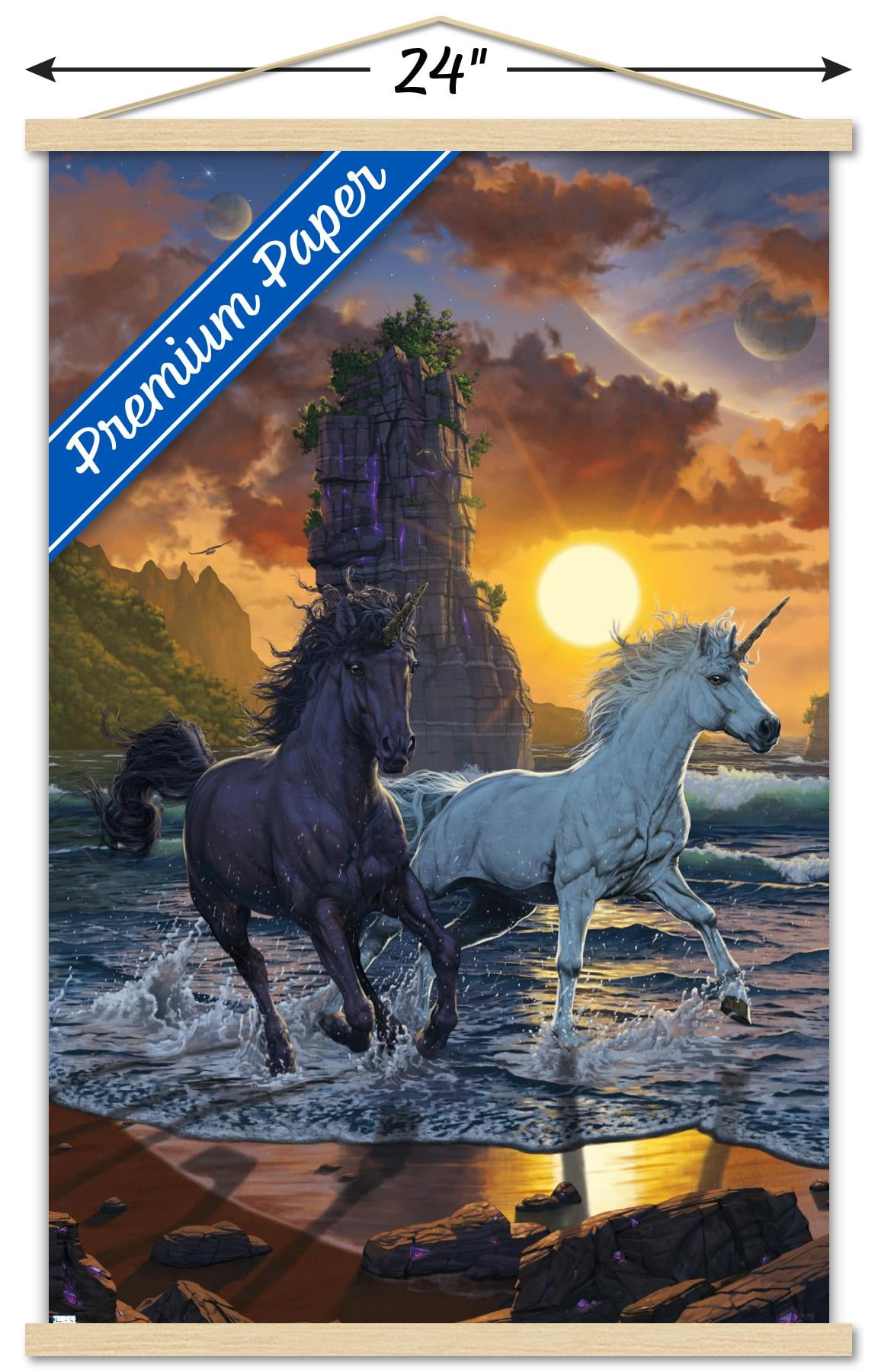 Vincent Hie - Unicorns On A Beach Wall Poster with Wooden Magnetic Frame, 22.375" x 34"